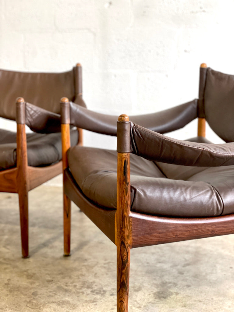 Pair Kristian Vedel Modus Leather and Rosewood Lounge Chairs