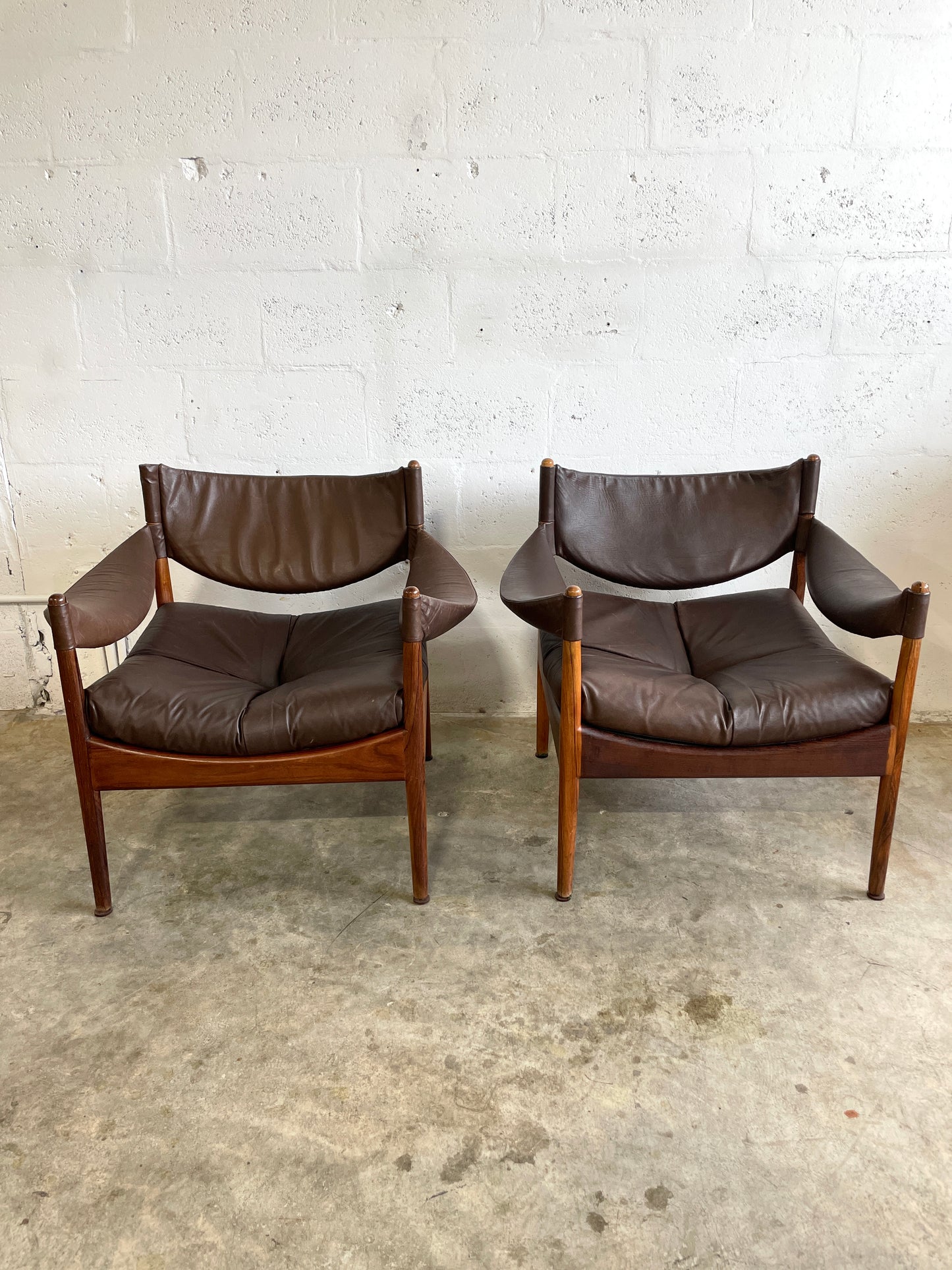 Pair Kristian Vedel Modus Leather and Rosewood Lounge Chairs