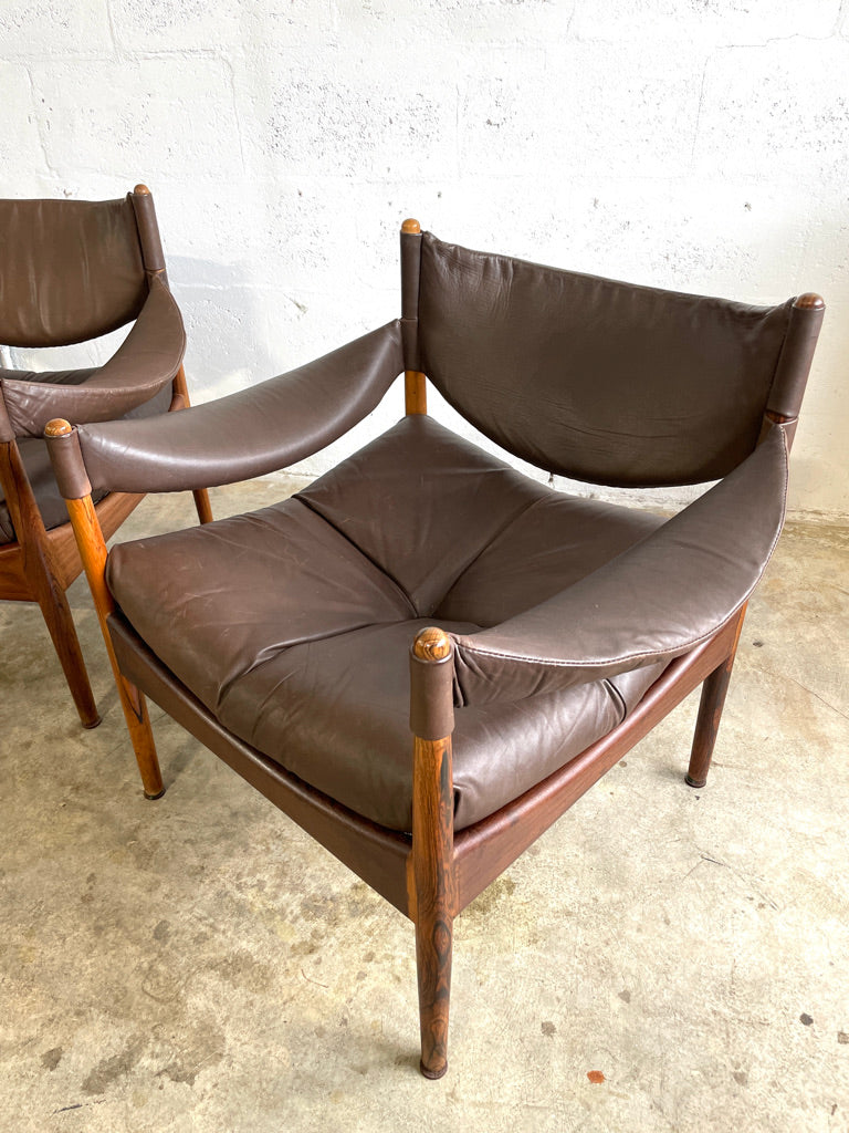 Pair Kristian Vedel Modus Leather and Rosewood Lounge Chairs