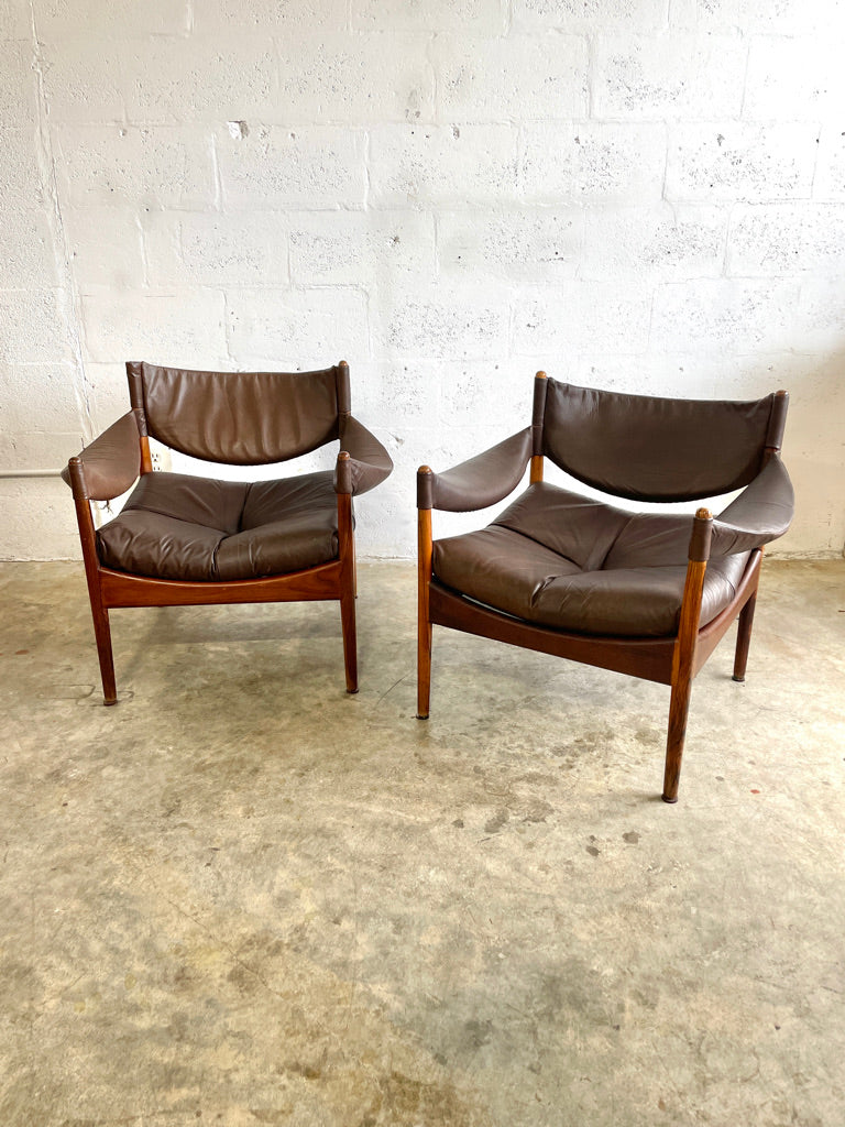 Pair Kristian Vedel Modus Leather and Rosewood Lounge Chairs