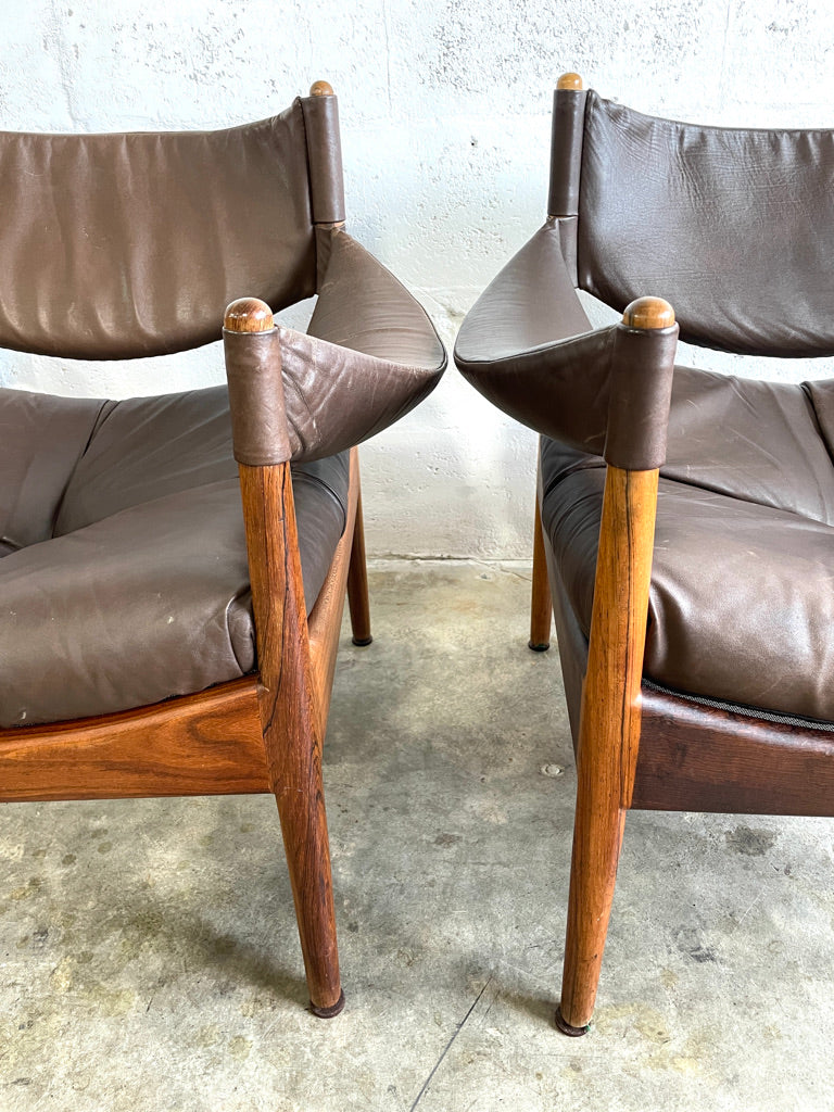 Pair Kristian Vedel Modus Leather and Rosewood Lounge Chairs
