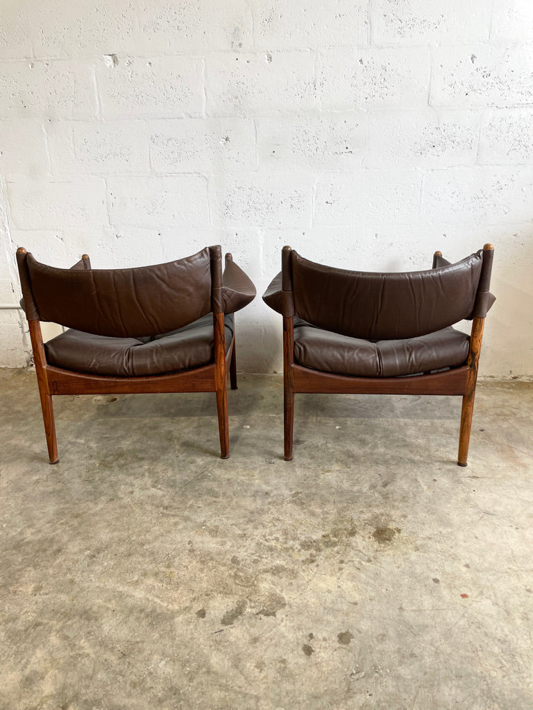 Pair Kristian Vedel Modus Leather and Rosewood Lounge Chairs