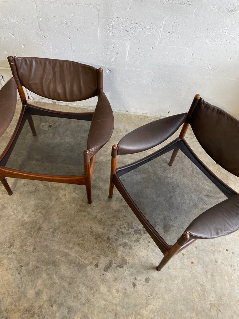 Pair Kristian Vedel Modus Leather and Rosewood Lounge Chairs