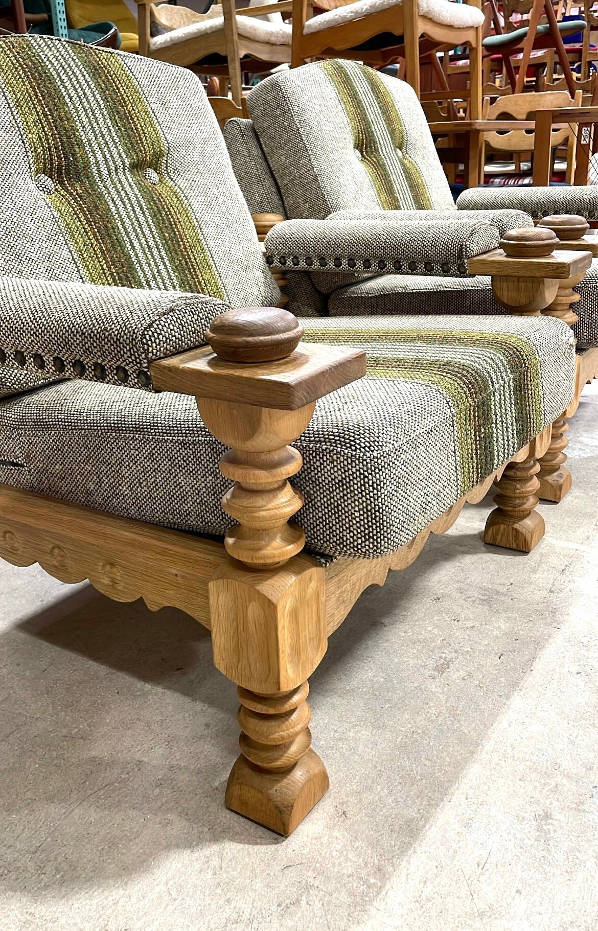 Pair of Danish Modern Brutalist Lounge Rustic Primitive Chairs in Oak Henning Kjærnulf