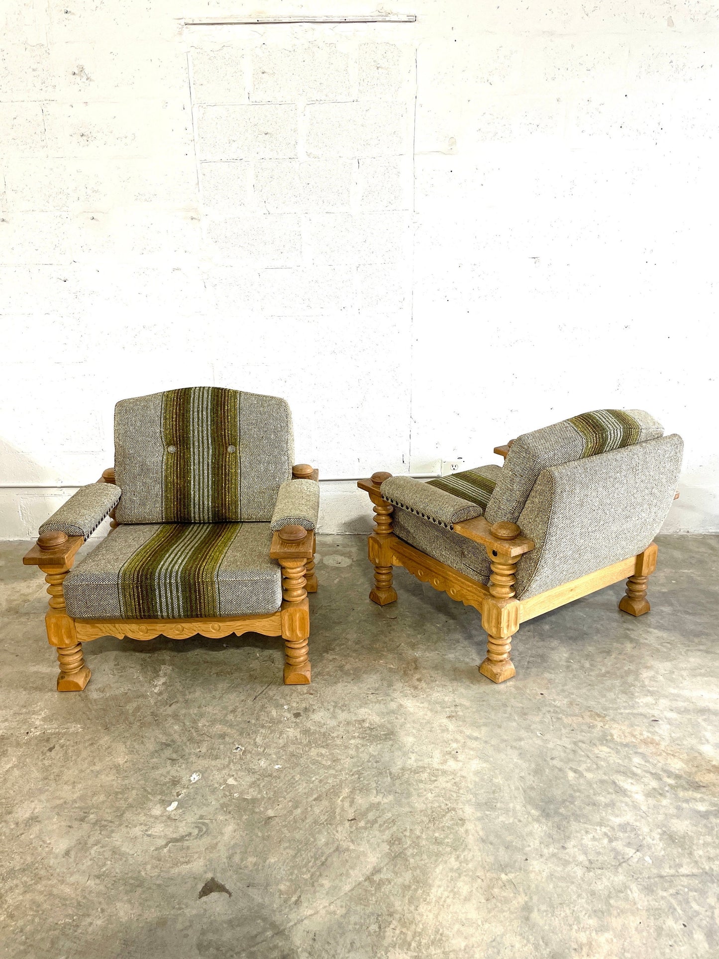 Pair of Danish Modern Brutalist Lounge Rustic Primitive Chairs in Oak Henning Kjærnulf