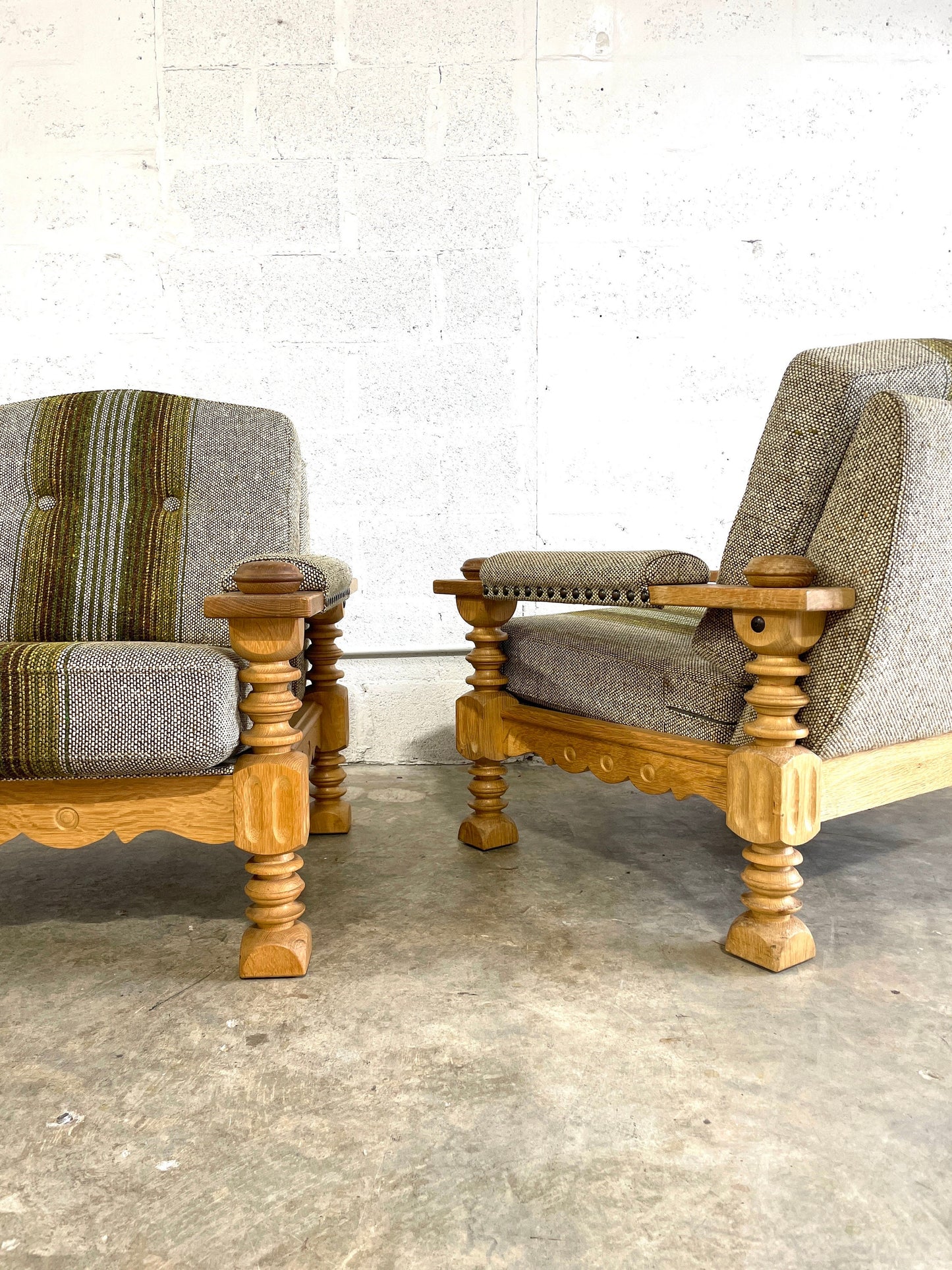 Pair of Danish Modern Brutalist Lounge Rustic Primitive Chairs in Oak Henning Kjærnulf