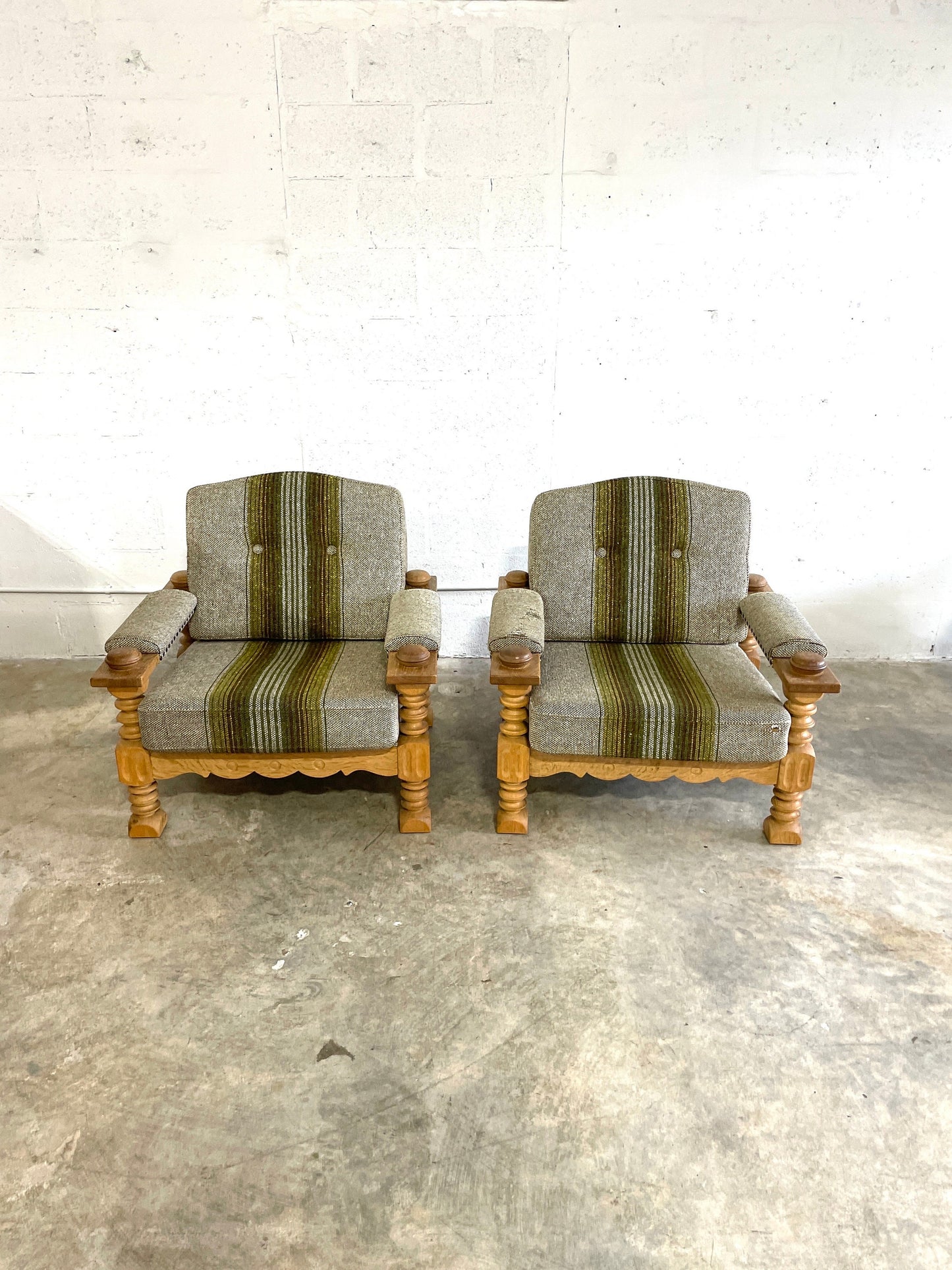 Pair of Danish Modern Brutalist Lounge Rustic Primitive Chairs in Oak Henning Kjærnulf