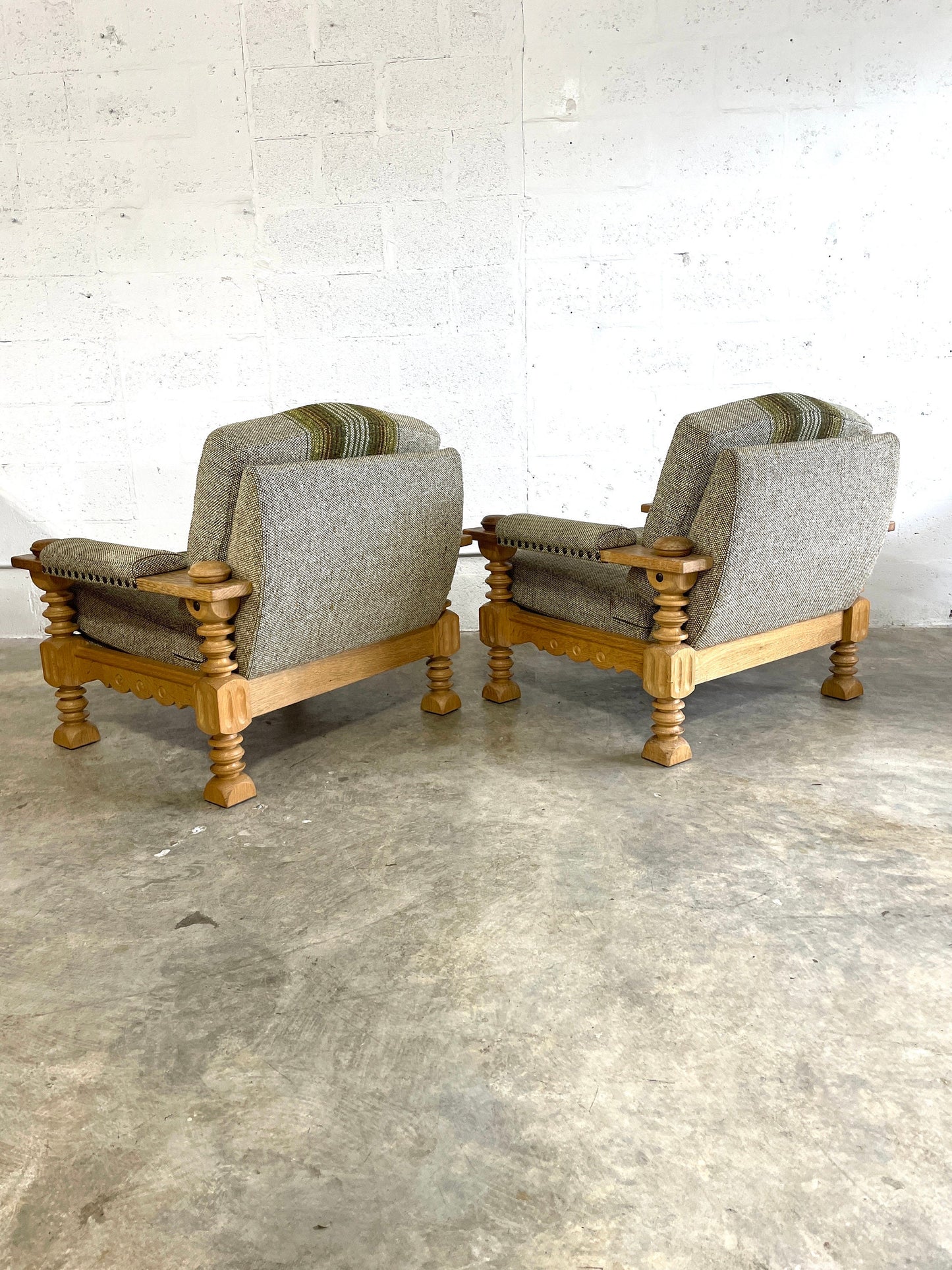 Pair of Danish Modern Brutalist Lounge Rustic Primitive Chairs in Oak Henning Kjærnulf
