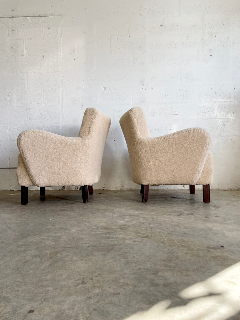 Danish Modern Lounge Chairs Sheepskin Sherpa - Pair