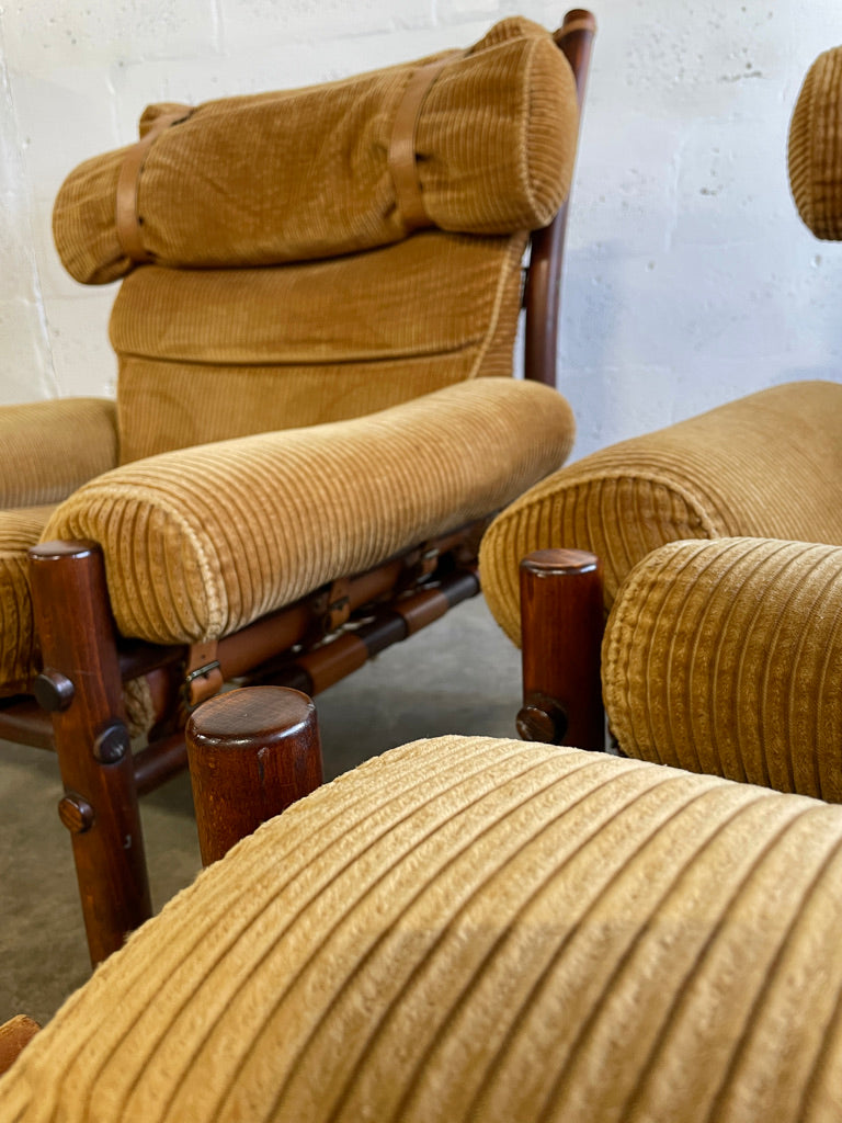 Pair Scandinavian "Inca" Lounge Chairs with Ottoman Arne Norell