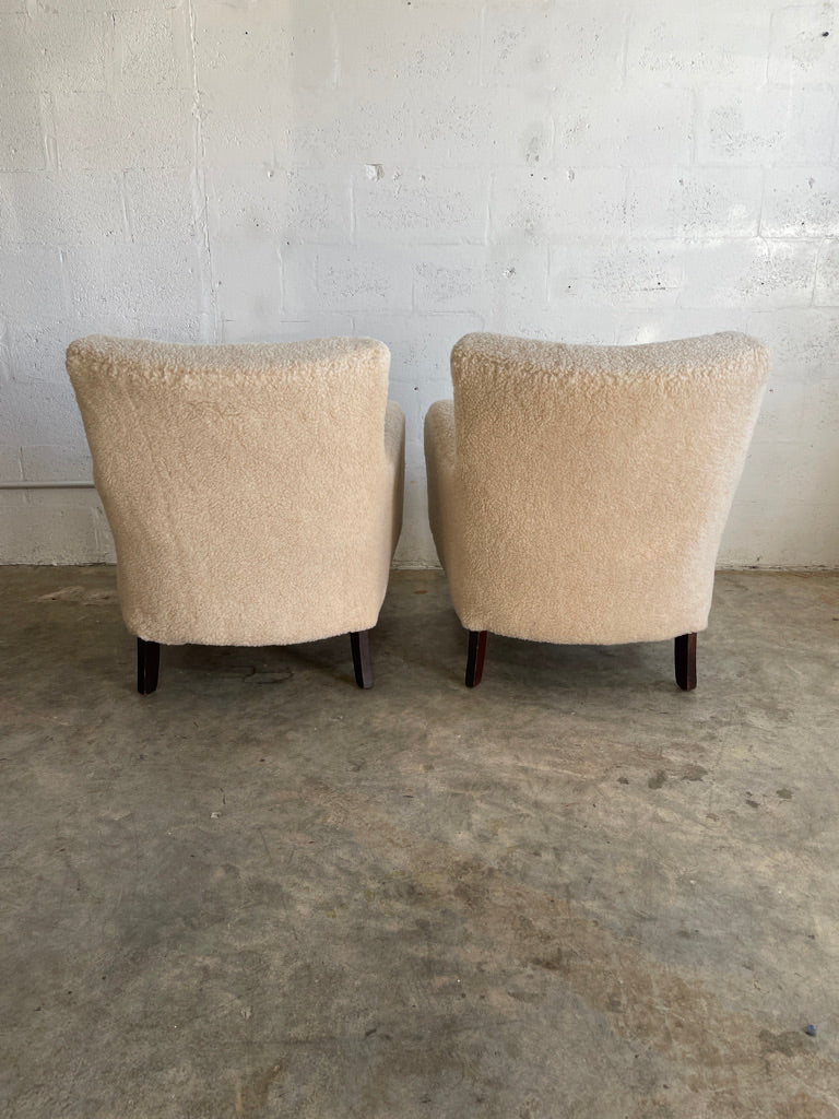 Danish Modern Lounge Chairs Sheepskin Sherpa - Pair