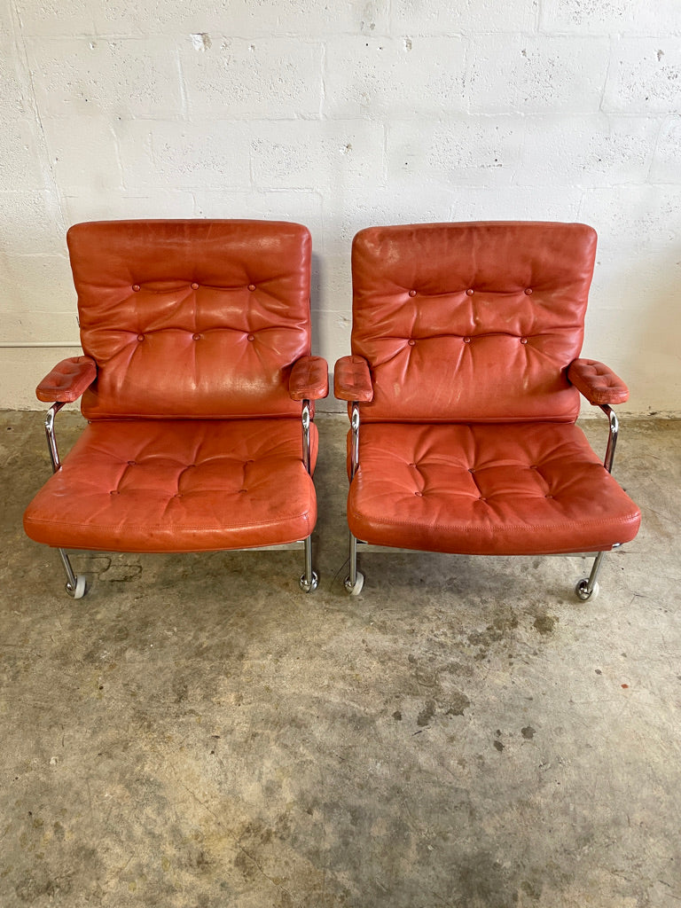 Pair Mid Century Modern "Karin" Chairs by Bruno Mathsson Chrome and Leather