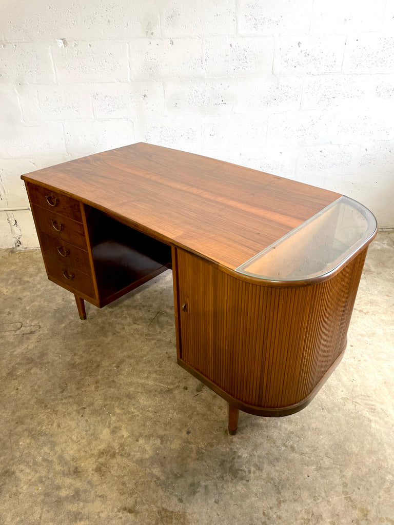 Danish Mid Century Modern Tambour Door Desk with Side Bar