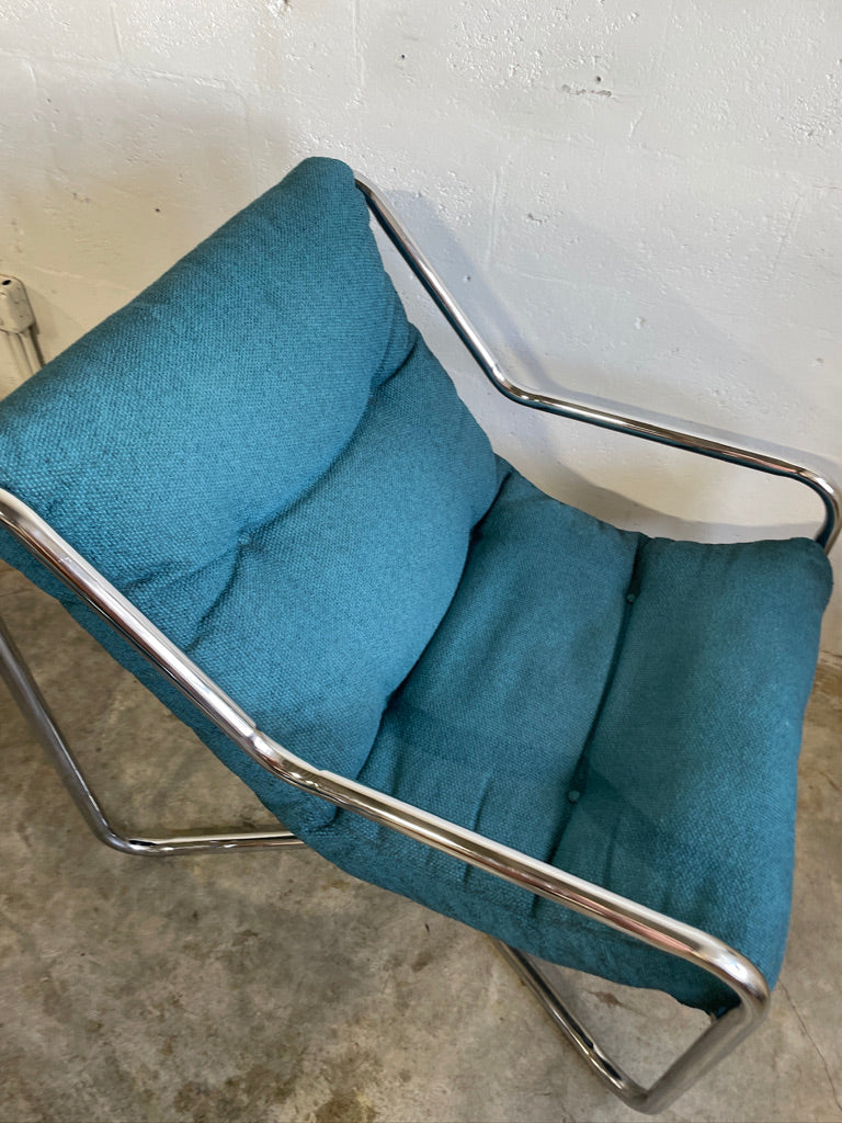Pair Mid Century Tubular Sling Chrome Chairs