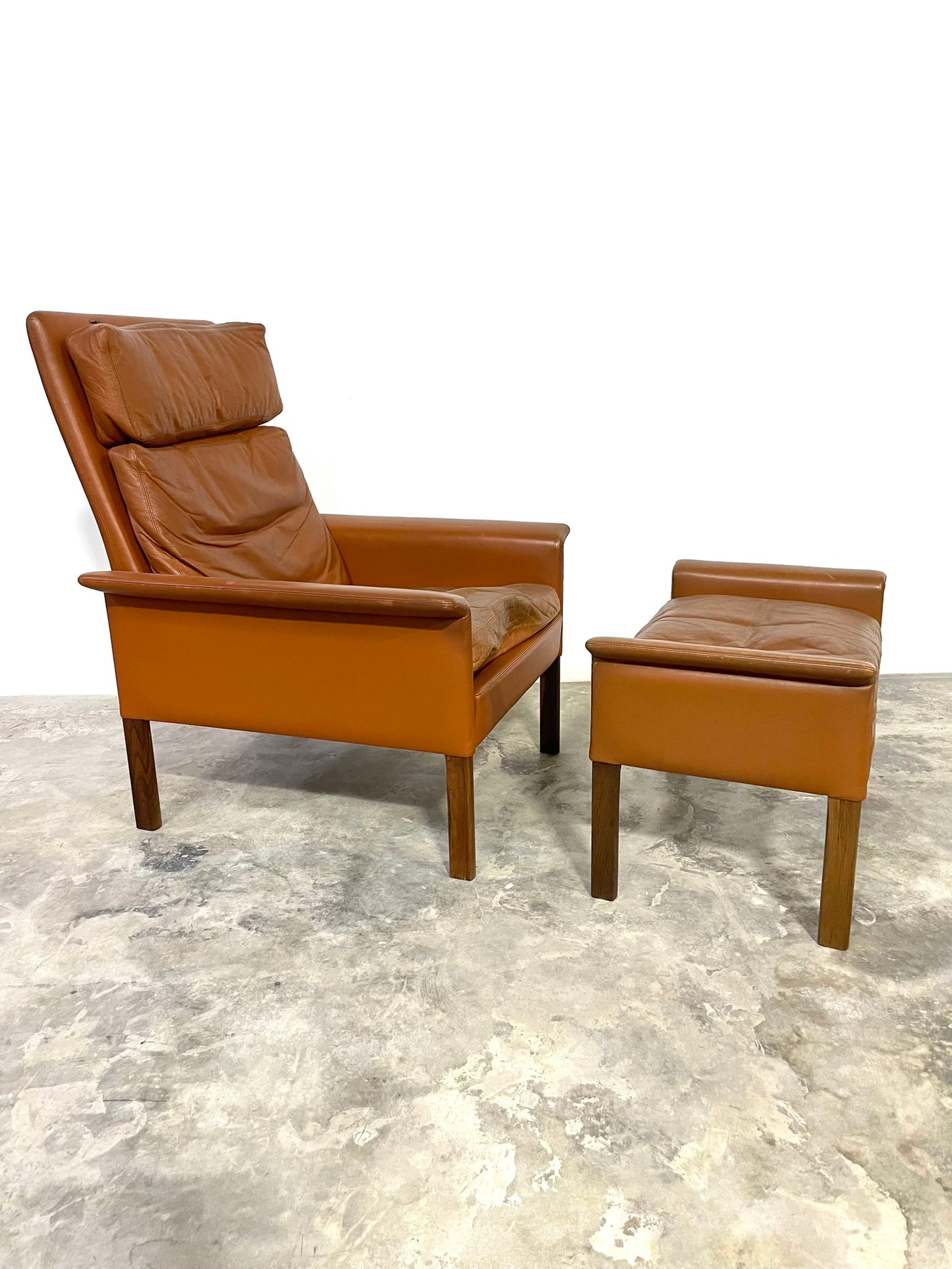 Hans Olsen Danish Modern Leather Rosewood Chair and Ottoman