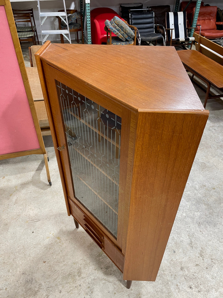 Danish Modern Teak Corner Glass Curio Cabinet or Bar