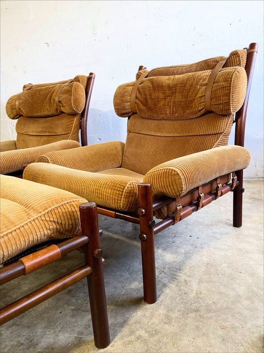 Pair Scandinavian "Inca" Lounge Chairs with Ottoman Arne Norell