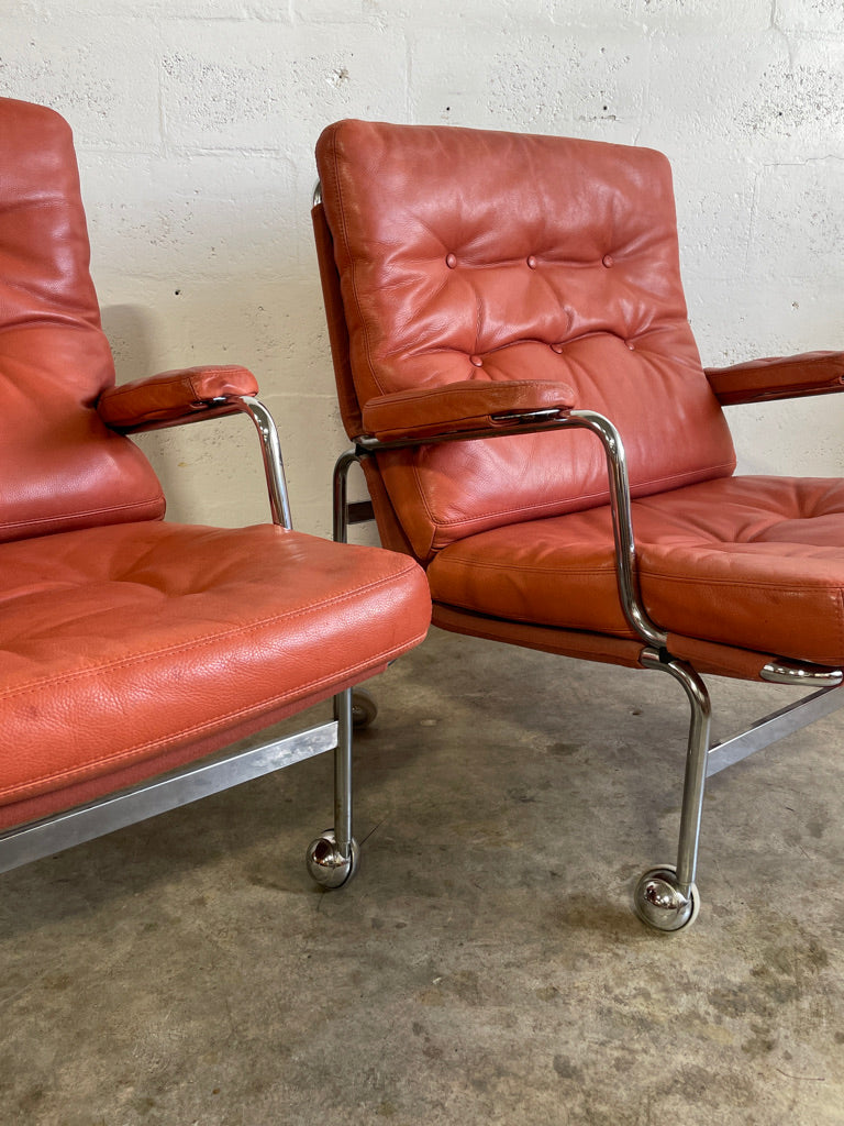 Pair Mid Century Modern "Karin" Chairs by Bruno Mathsson Chrome and Leather