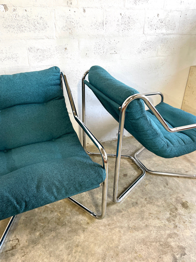 Pair Mid Century Tubular Sling Chrome Chairs