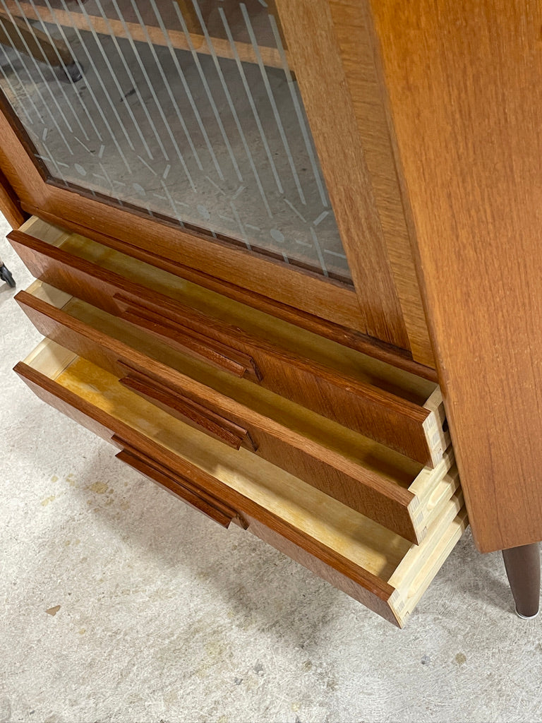 Danish Modern Teak Corner Glass Curio Cabinet or Bar