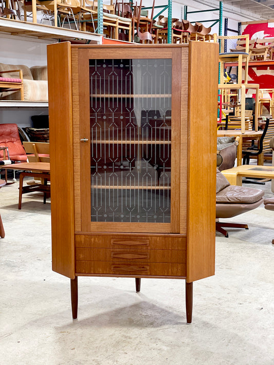 Danish Modern Teak Corner Glass Curio Cabinet or Bar
