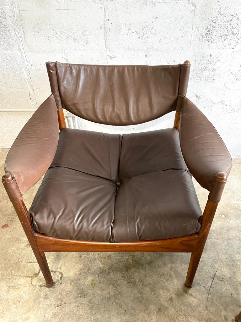 Pair Kristian Vedel Modus Leather and Rosewood Lounge Chairs