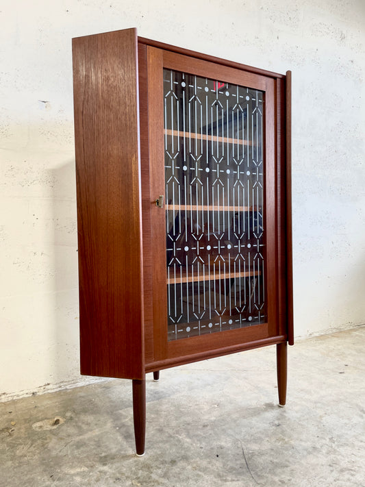 Danish Modern Teak Corner Glass Curio Cabinet or Bar