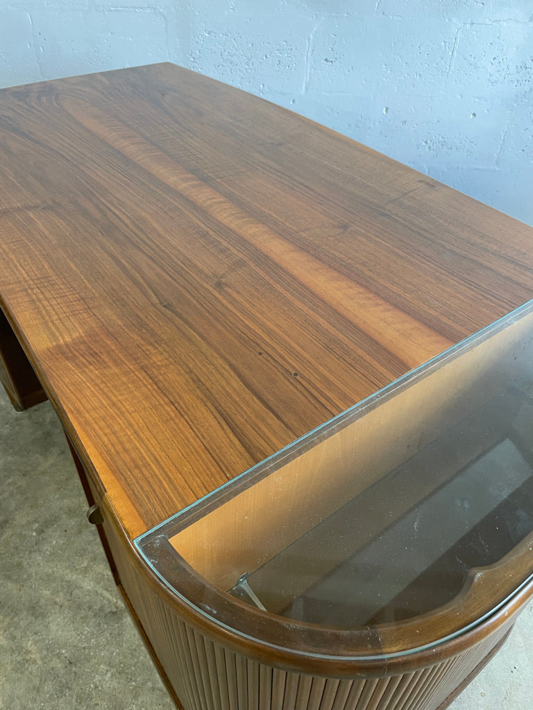 Danish Mid Century Modern Tambour Door Desk with Side Bar