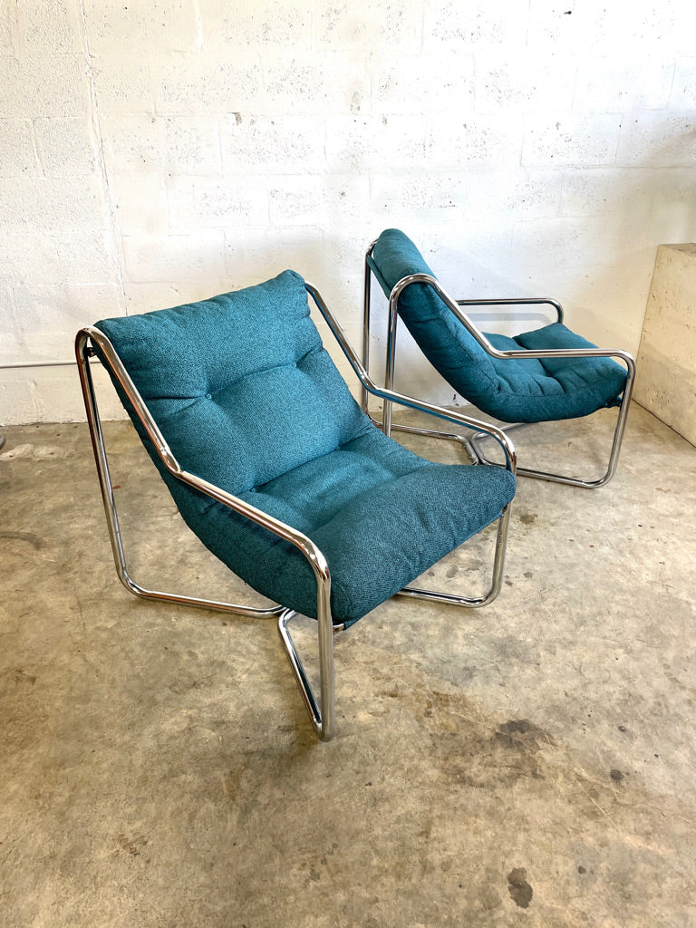 Pair Mid Century Tubular Sling Chrome Chairs
