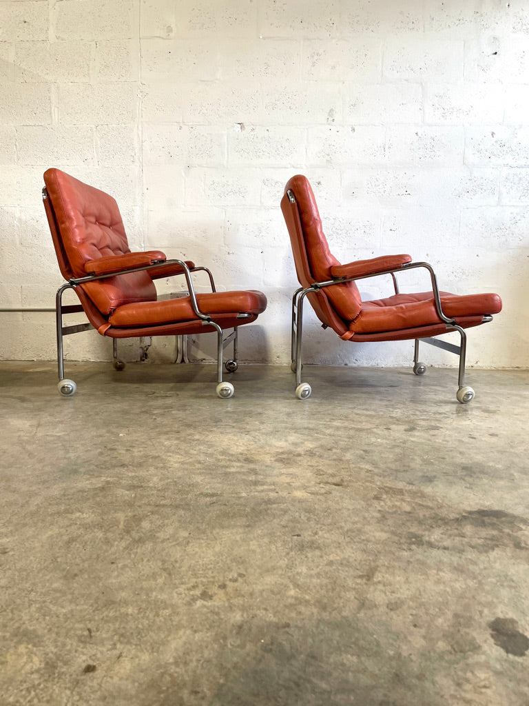 Pair Mid Century Modern "Karin" Chairs by Bruno Mathsson Chrome and Leather