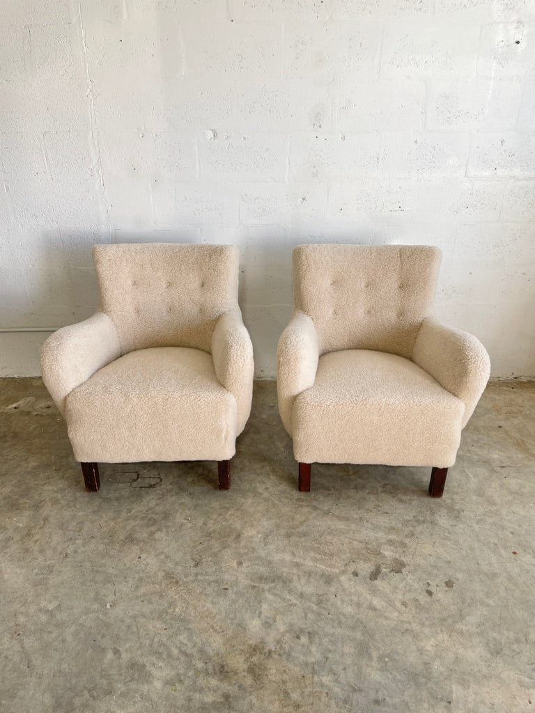 Danish Modern Lounge Chairs Sheepskin Sherpa - Pair