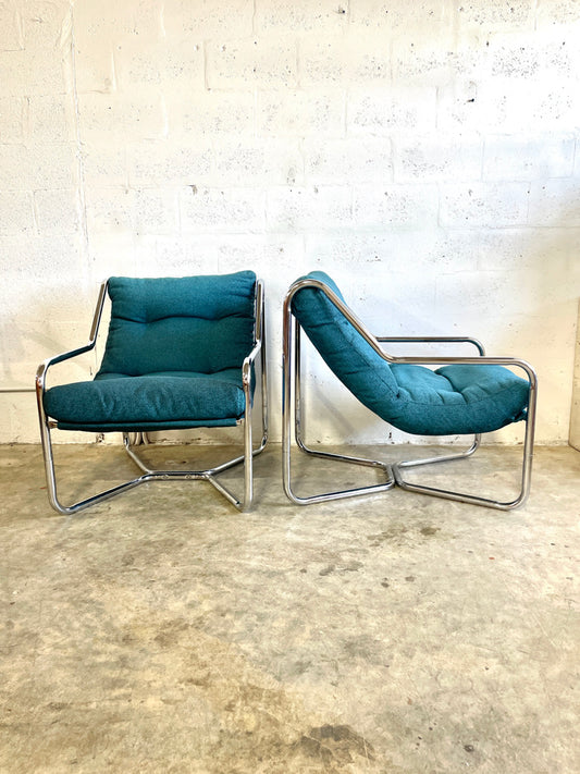 Pair Mid Century Tubular Sling Chrome Chairs