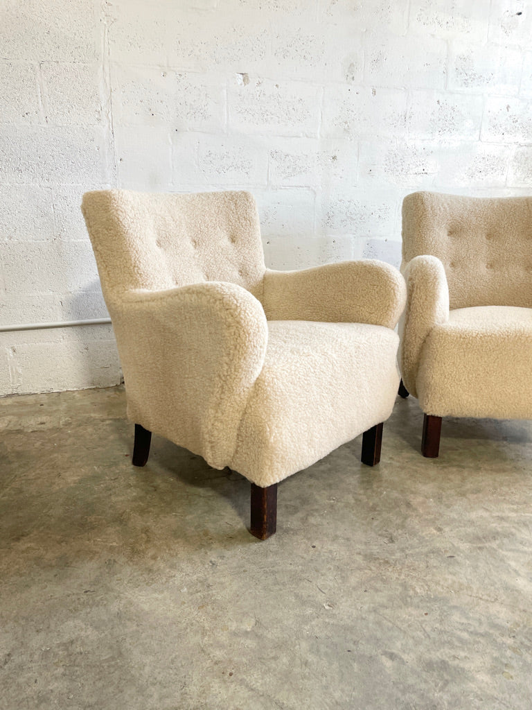 Danish Modern Lounge Chairs Sheepskin Sherpa - Pair