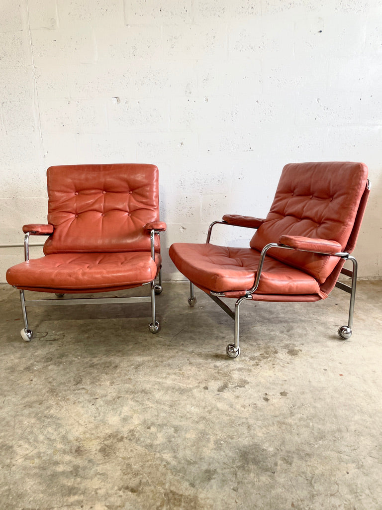 Pair Mid Century Modern "Karin" Chairs by Bruno Mathsson Chrome and Leather