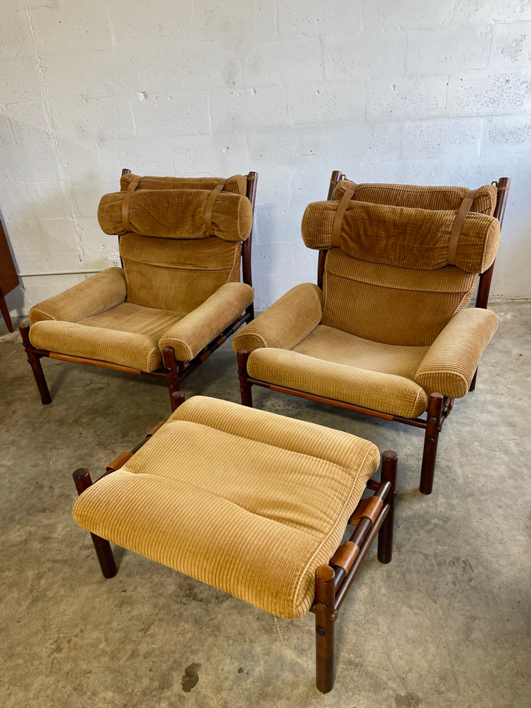 Pair Scandinavian "Inca" Lounge Chairs with Ottoman Arne Norell