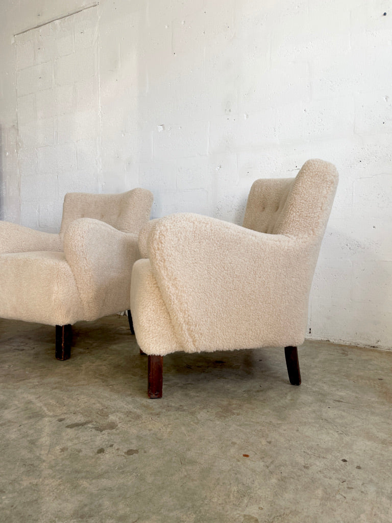 Danish Modern Lounge Chairs Sheepskin Sherpa - Pair