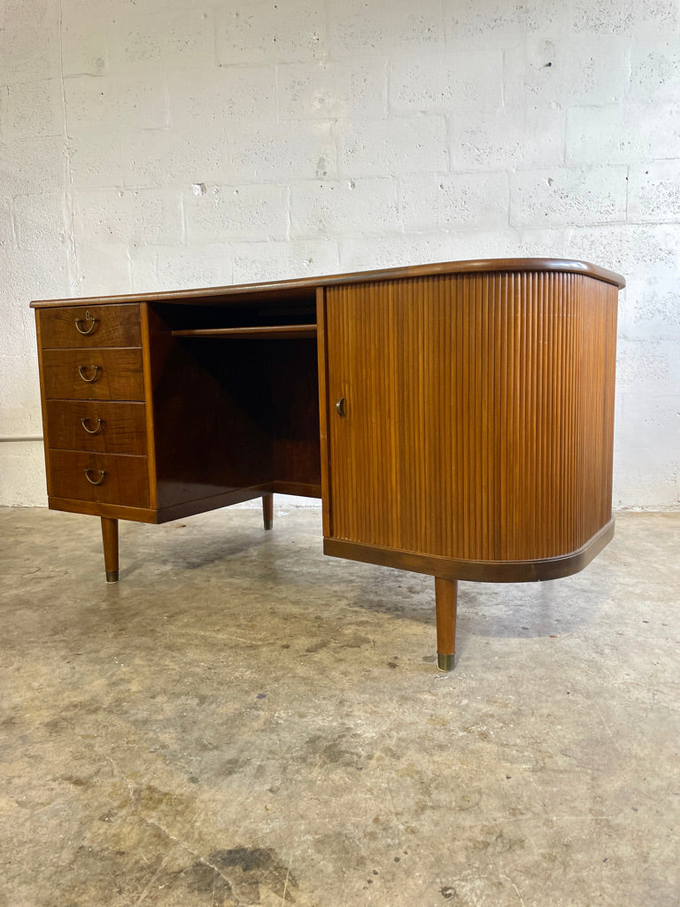 Danish Mid Century Modern Tambour Door Desk with Side Bar