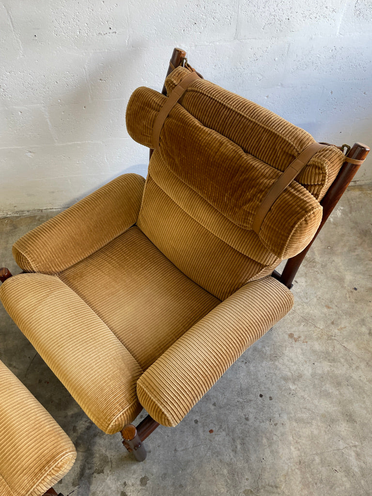 Pair Scandinavian "Inca" Lounge Chairs with Ottoman Arne Norell