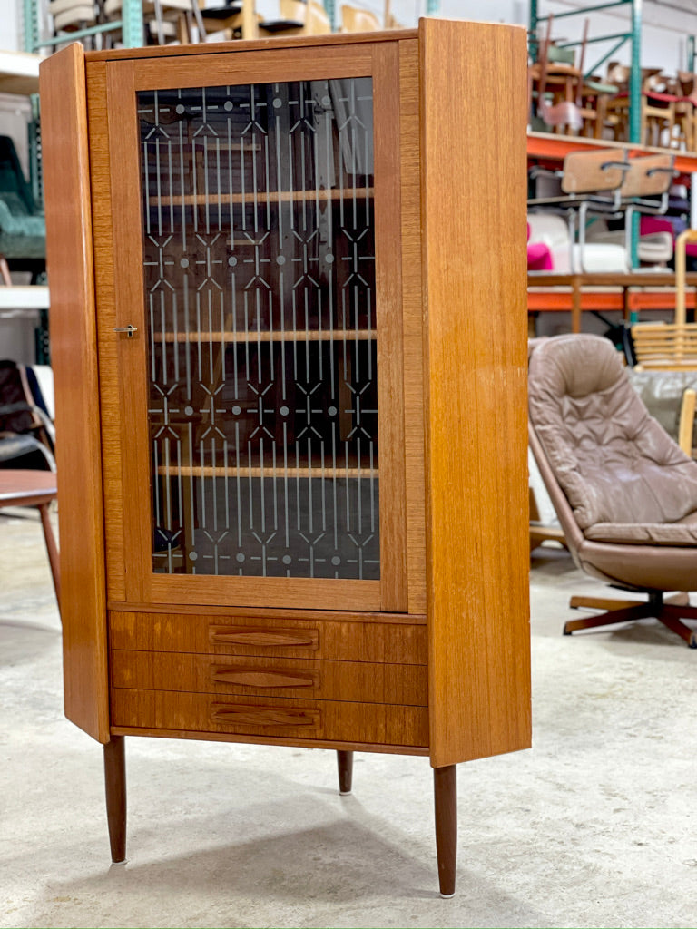 Danish Modern Teak Corner Glass Curio Cabinet or Bar