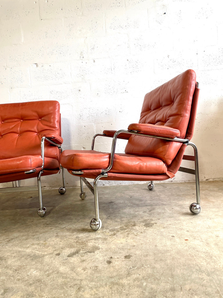 Pair Mid Century Modern "Karin" Chairs by Bruno Mathsson Chrome and Leather
