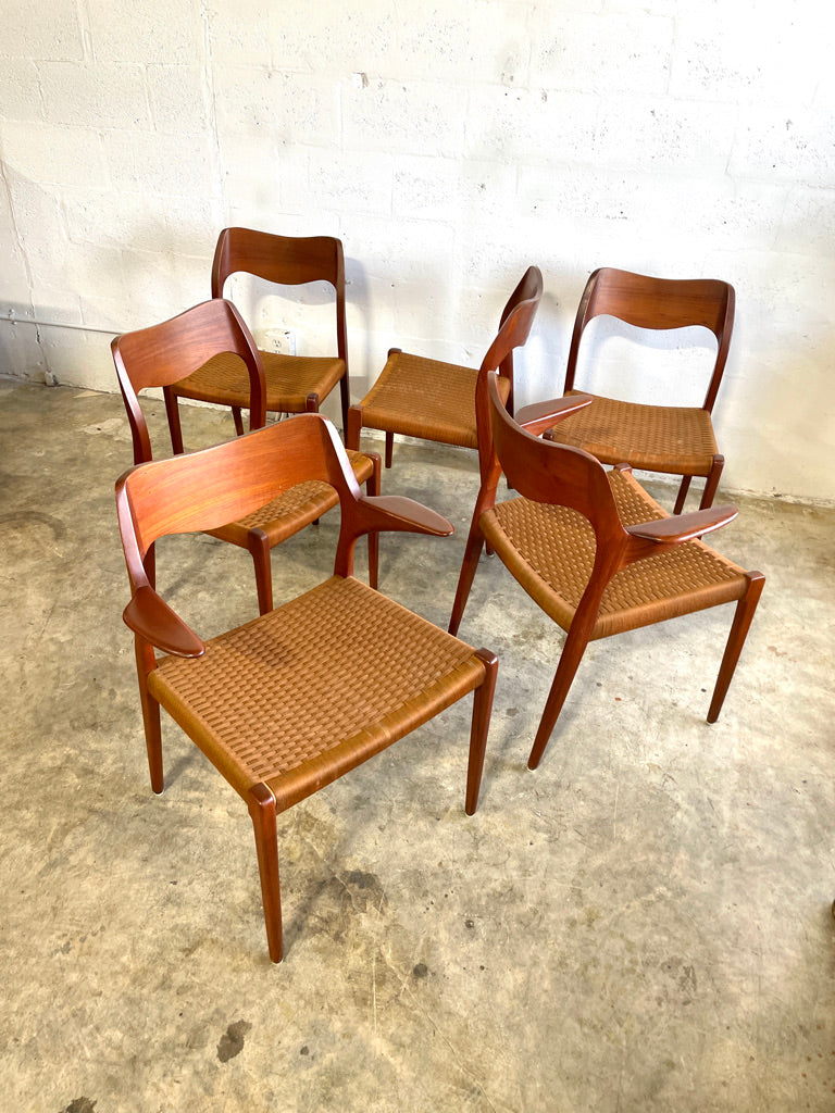 Danish Mid Century Teak Niels Moller Model 55 and Model 71 Dining Chairs