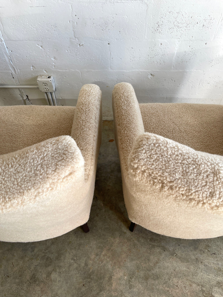 Danish Modern Lounge Chairs Sheepskin Sherpa - Pair