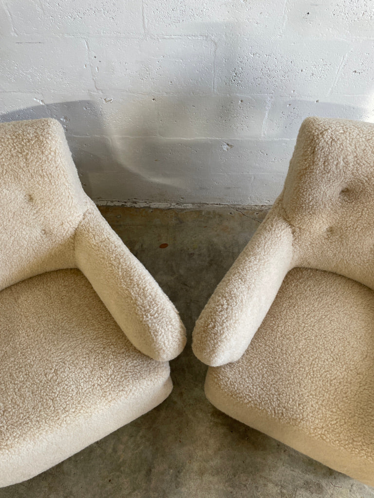 Danish Modern Lounge Chairs Sheepskin Sherpa - Pair