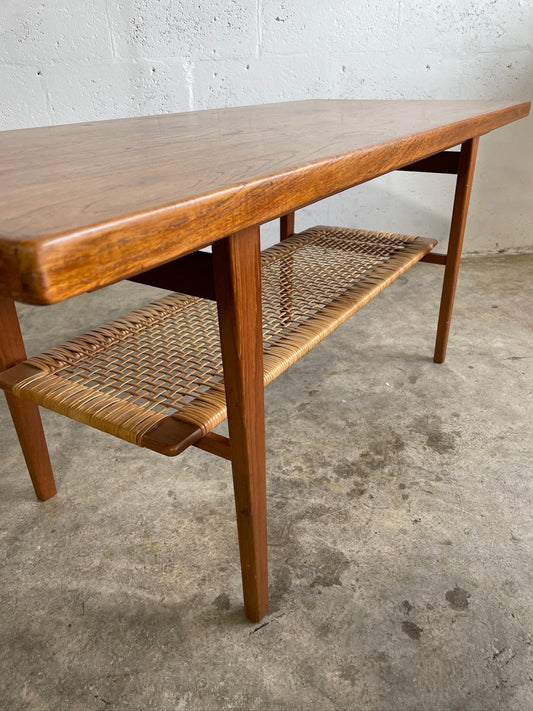 Danish Mid Century Modern Coffee Table Wicker Magazine Rack Shelf