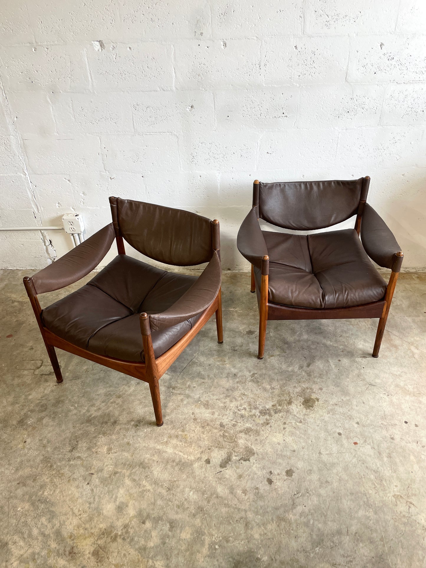 Pair Kristian Vedel Modus Leather and Rosewood Lounge Chairs