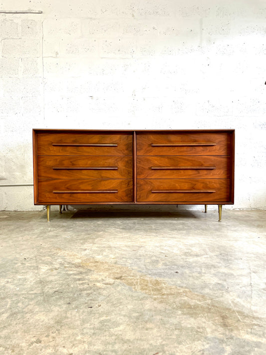 Robsjohn-Gibbings for Widdicomb Walnut Dresser with Brass Legs