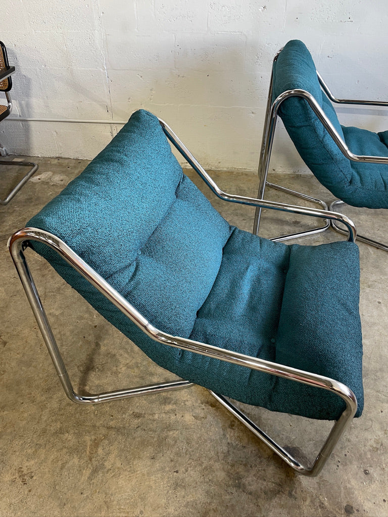 Pair Mid Century Tubular Sling Chrome Chairs