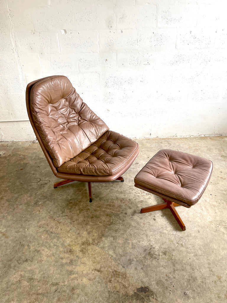 Madsen & Schubell MS68 Leather Danish Swivel Recliner Lounge Chair and Ottoman