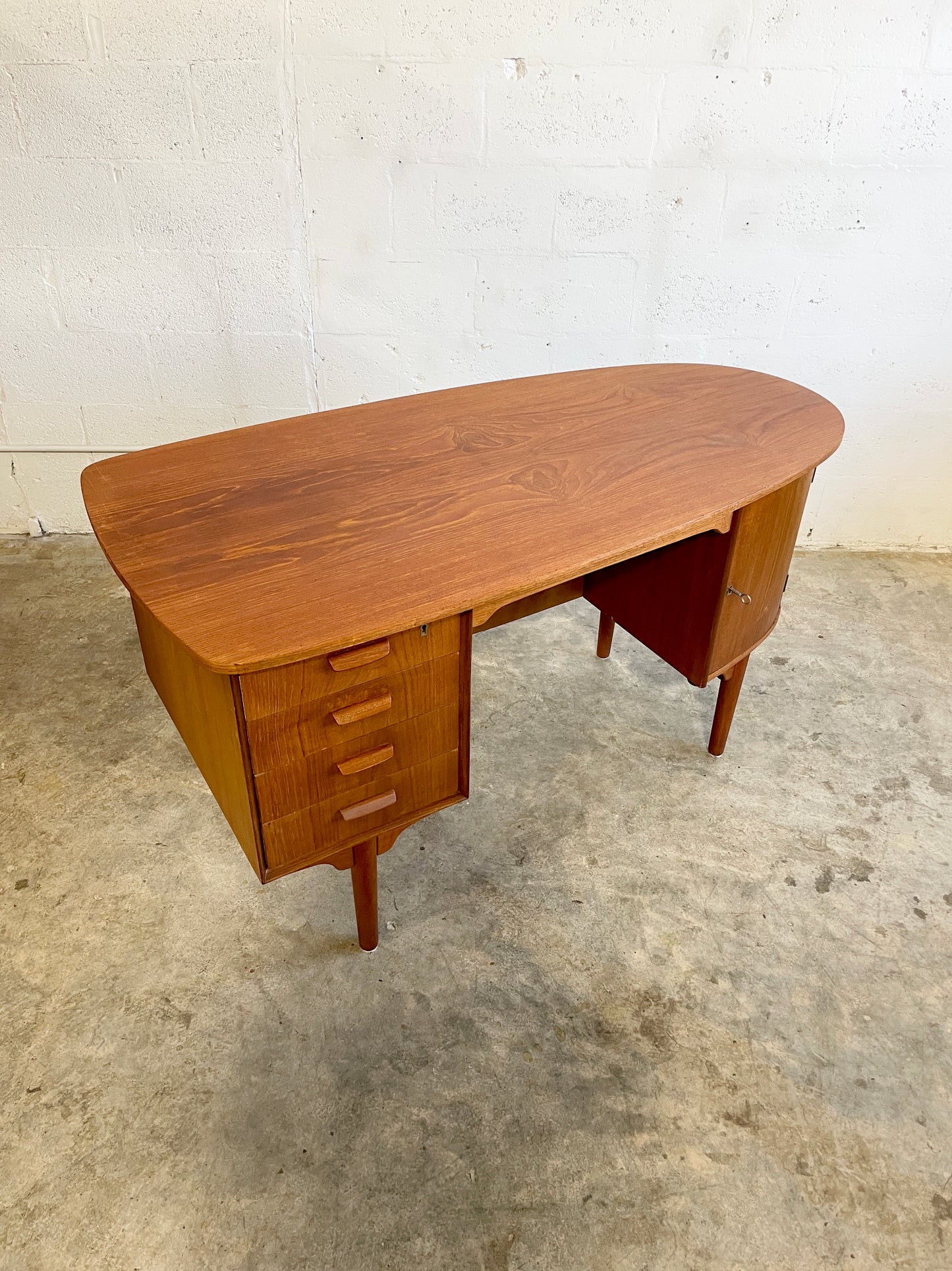 Danish Mid Century Modern Bullet Shape Teak Desk by HP Hansen