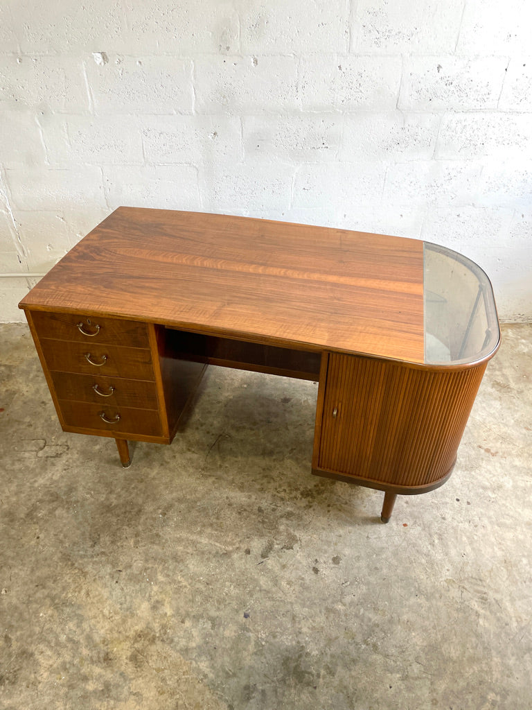 Danish Mid Century Modern Tambour Door Desk with Side Bar